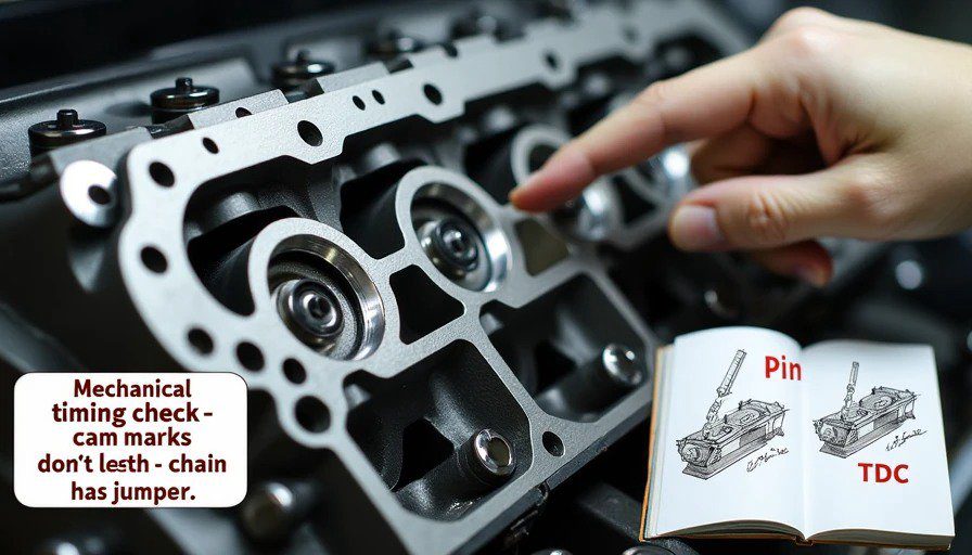 K‑series cylinder head with valve cover removed, cam alignment marks not lined up – chain has jumped
