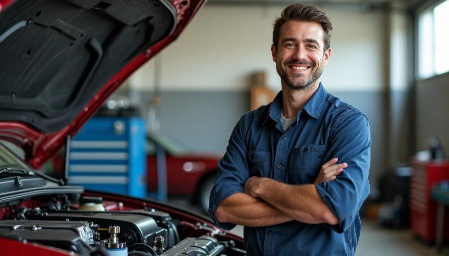 DIY mechanic with torque wrench clicking, engine bay visible, satisfied expression – fixed what dealer quoted $1,800 Realistic triumphant photo of a DIY mechanic in a garage. A torque wrench clicks at the correct spec. The engine bay is visible with freshly installed parts. The mechanic has a satisfied expression, arms crossed.