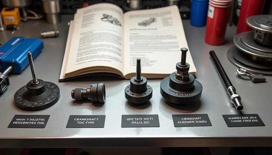 Flat‑lay of K‑series specialty tools – crank pulley holding tool, TDC pin, cam alignment plate, tensioner locking pin