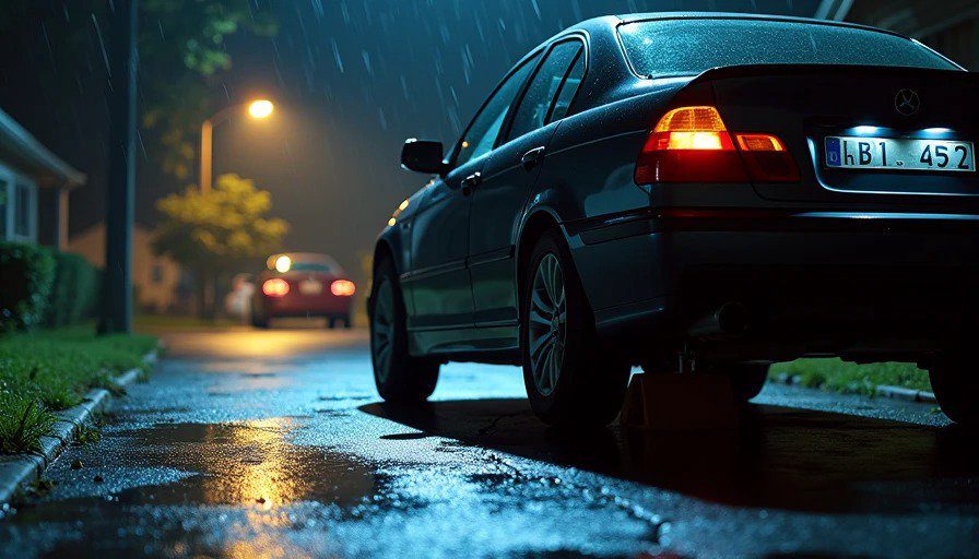 Car raised on jack in dark driveway at midnight, person underneath with flashlight in teeth – rain puddle visible Realistic photo of a car in a dark driveway at midnight. The car is raised on a jack, with a person lying underneath, holding a flashlight in their teeth. A rain puddle is visible on the driveway.